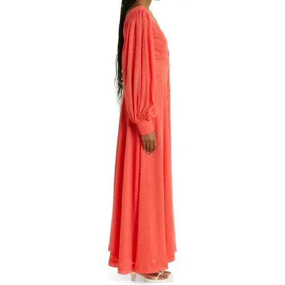 Kimberly Goldson Lesli Clip Dot Long Sleeve Maxi Dress Women's Small Coral NWOT - Picture 8 of 12